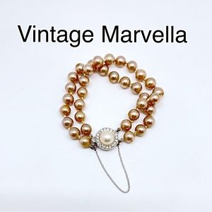 Vintage Marvella 2 Row Mocha Pearl Bracelet W/ White Pearl Crystal Clasp, Safety